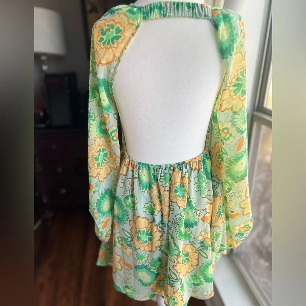 ASOS Green Orange Floral Open Back Smocked Mini Dress 70s Retro 4